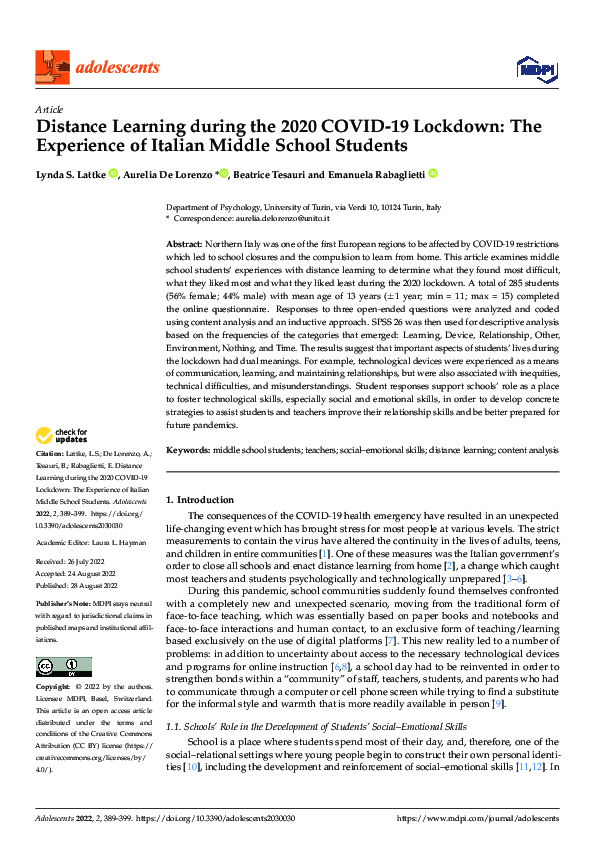 (PDF) Distance Learning during the 2020 COVID-19 Lockdown: The ...
