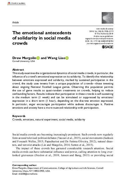 (PDF) The emotional antecedents of solidarity in social media crowds