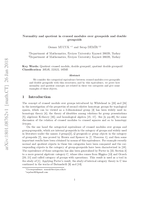 (PDF) Normality and quotient in crossed modules over groupoids and ...