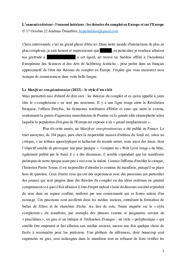 (PDF) L'ennemi extérieur - l'ennemi intérieur : les théories du complot ...