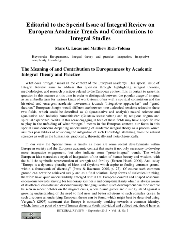  PDF Editorial To The Special Issue Of Integral Review On European 