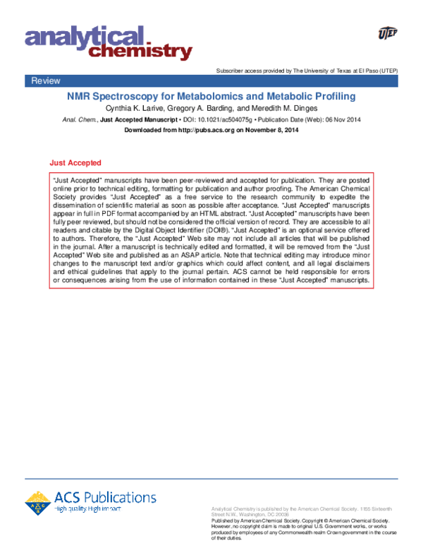 (PDF) NMR Spectroscopy for Metabolomics and Metabolic Profiling