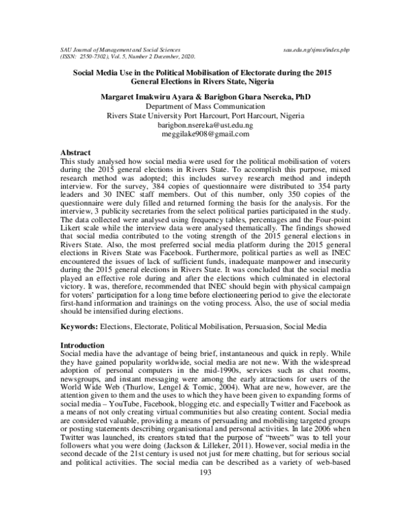 (PDF) Social Media Use in the Political Mobilisation of Electorate ...