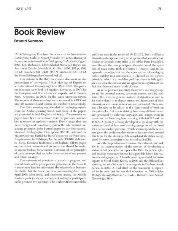 (PDF) Book Review IFLA Cataloguing Principles Steps towards an