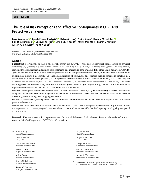(PDF) The Role of Risk Perceptions and Affective Consequences in COVID ...