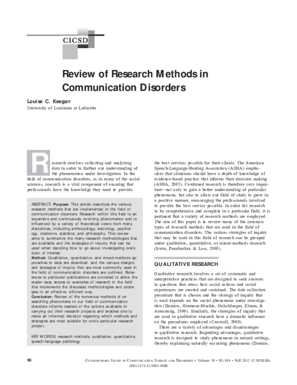 (PDF) Review of Research Methods in Communication Disorders