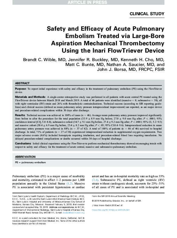 (PDF) Safety and Efficacy of Acute Pulmonary Embolism Treated via Large ...
