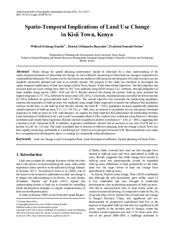 (PDF) Spatio-Temporal Implications of Land Use Change in Kisii Town, Kenya