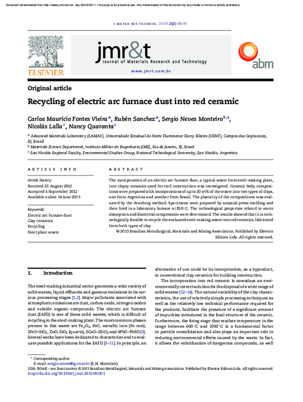 (PDF) Recycling of electric arc furnace dust into red ceramic Nicolas
