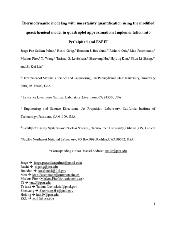 (PDF) Thermodynamic Modeling with Uncertainty Quantification Using the ...