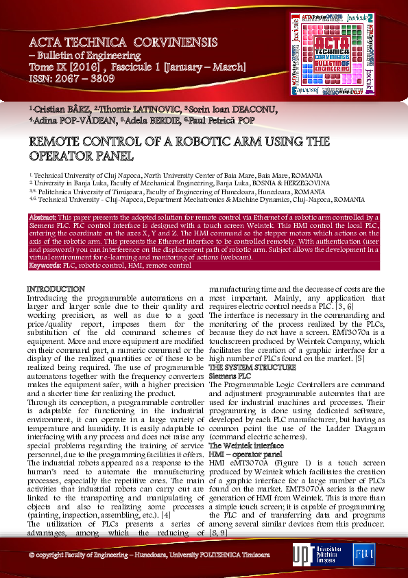 (PDF) Remote Control of a Robotic Arm Using the Operator Panel