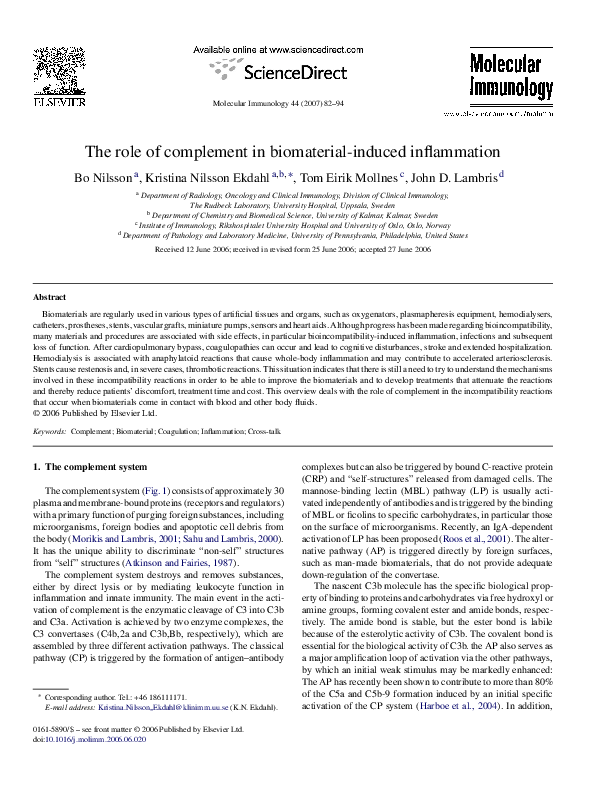 (PDF) The role of complement in biomaterial-induced inflammation