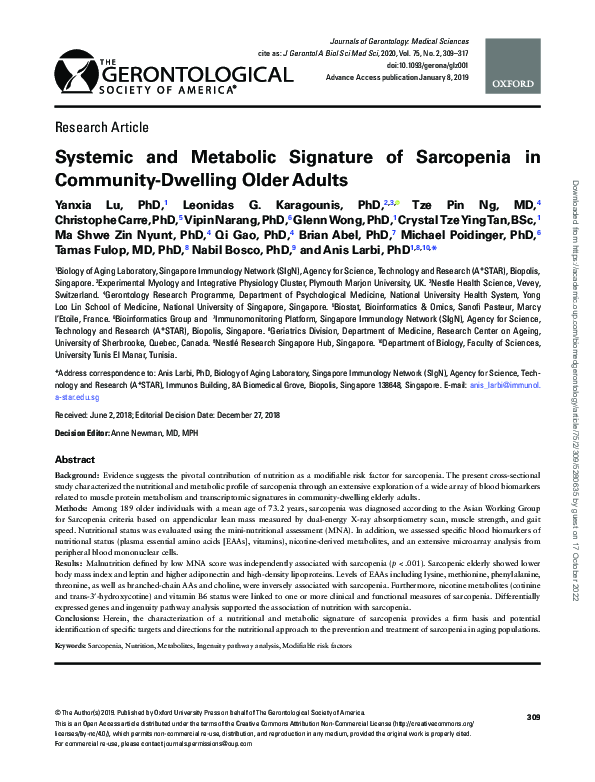 (PDF) Systemic and Metabolic Signature of Sarcopenia in Community ...