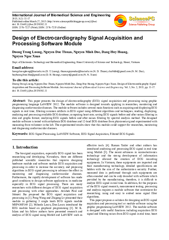 (PDF) Design of Electrocardiography Signal Acquisition and Processing ...