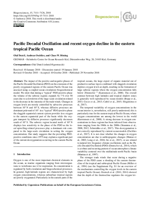 (PDF) Pacific Decadal Oscillation and recent oxygen decline in the ...