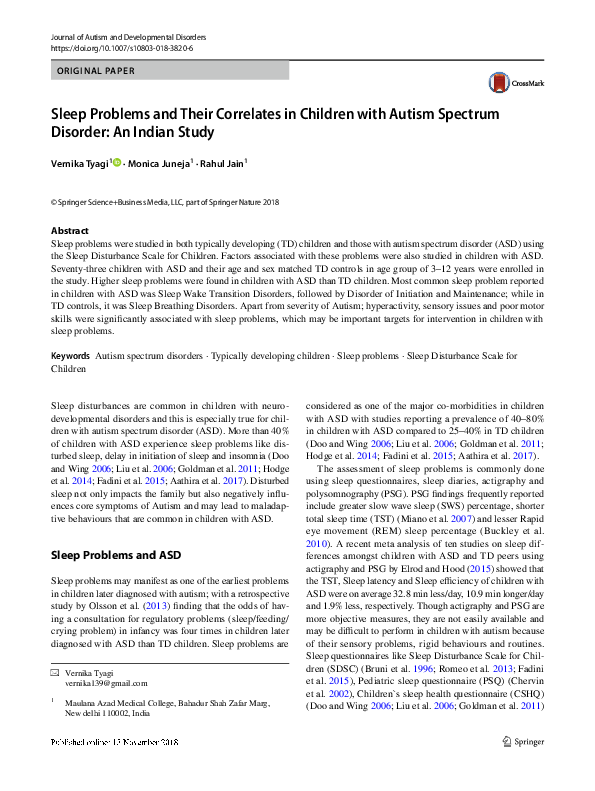 (PDF) Sleep Problems and Their Correlates in Children with Autism ...