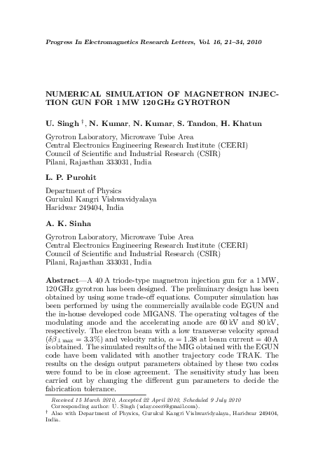 (PDF) Numerical Simulation of Magnetron Injection Gun for 1MW 120 GHZ ...