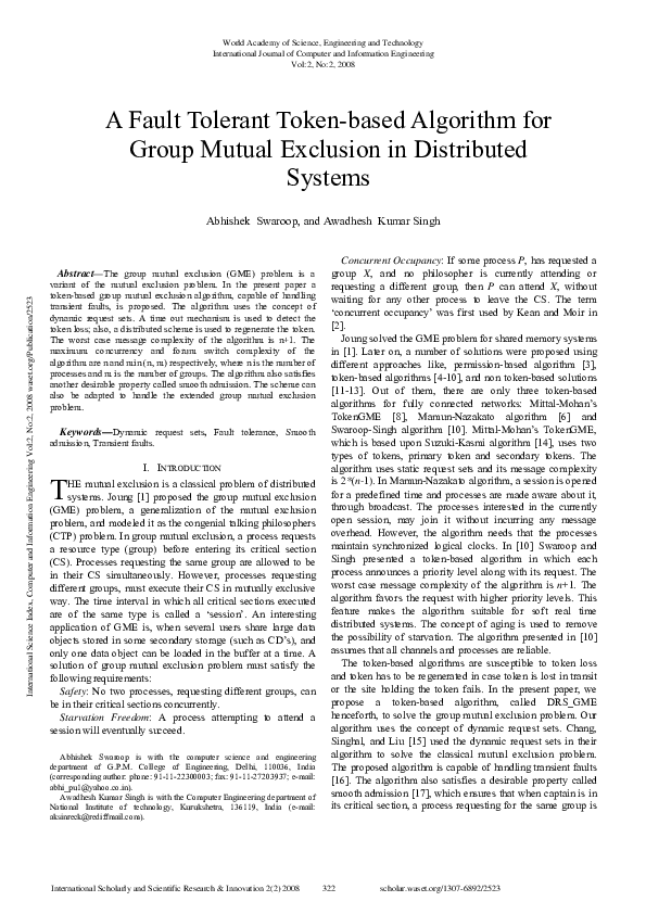 (PDF) A Fault Tolerant Token-Based Algorithm For Group Mutual Exclusion ...