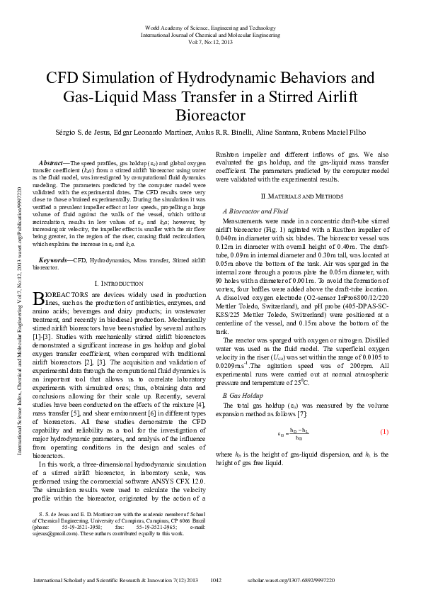 (PDF) Cfd Simulation Of Hydrodynamic Behaviors And Gas-Liquid Mass ...