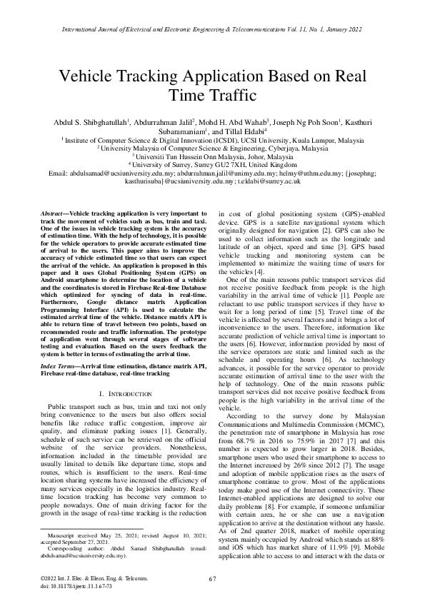 (PDF) Vehicle Tracking Application Based on Real Time Traffic