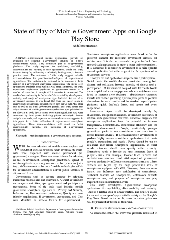 (PDF) State of Play of Mobile Government Apps on Google Play Store
