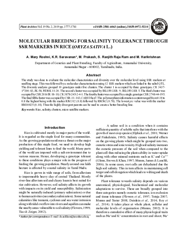 (PDF) Molecular Breeding for Salinity Tolerance Through SSR Markers in ...