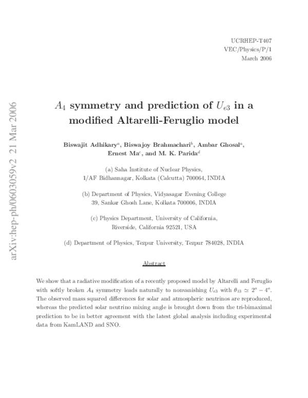 (PDF) A4 symmetry and prediction of Ue3 in a modified Altarelli ...