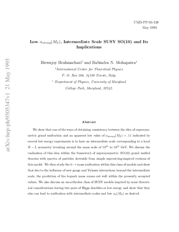(PDF) Low $ alpha_{strong}(M_Z)$, Intermediate Scale SUSY SO(10) GUT ...