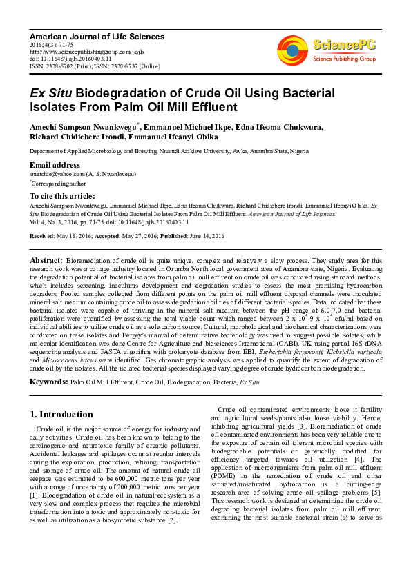 (PDF) Ex Situ Biodegradation of Crude Oil Using Bacterial Isolates From ...