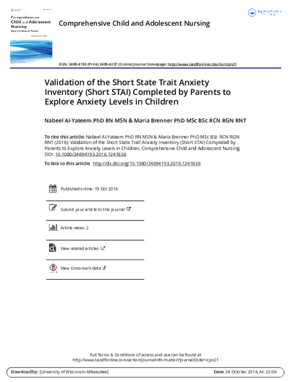 (PDF) Validation of the Short State Trait Anxiety Inventory (Short STAI ...
