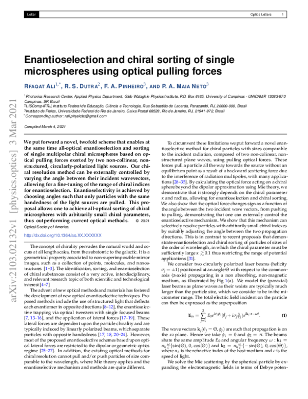 (PDF) Enantioselection and chiral sorting of single microspheres using ...