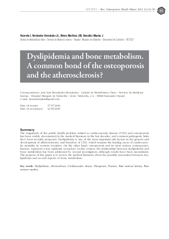(PDF) Dyslipidemia and bone metabolism. A common bond of the ...