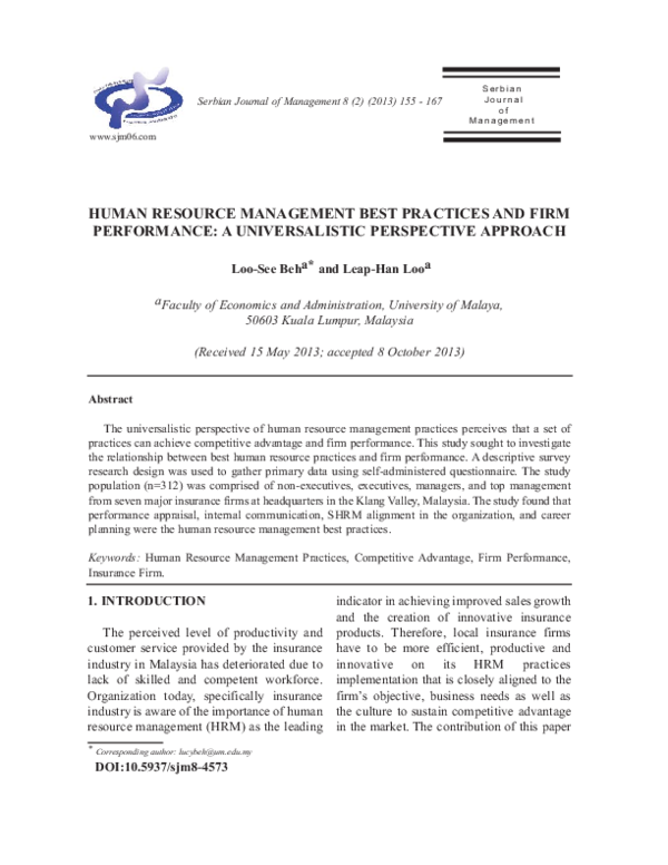 (PDF) Human resource management best practices and firm performance: A ...