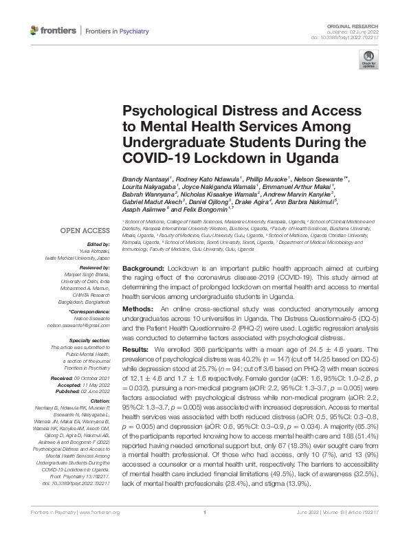 (PDF) Psychological Distress and Access to Mental Health Services Among ...