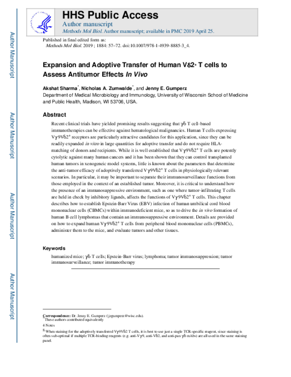 (PDF) Expansion and Adoptive Transfer of Human Vδ2+ T Cells to Assess ...