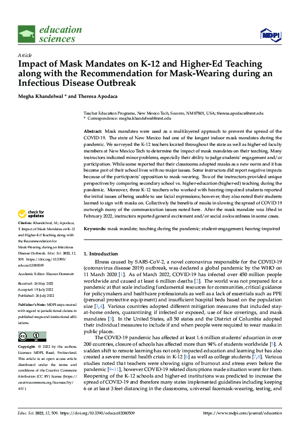 (PDF) Impact of Mask Mandates on K-12 and Higher-Ed Teaching along with ...