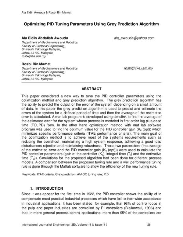 (PDF) Optimizing PID tuning parameters using grey prediction algorithm