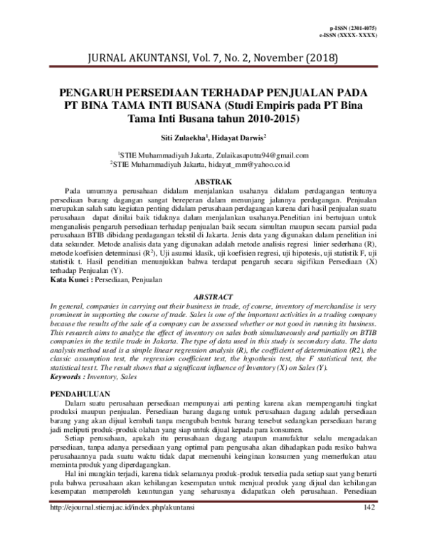 (PDF) PENGARUH PERSEDIAAN TERHADAP PENJUALAN PADA PT BINA TAMA INTI ...