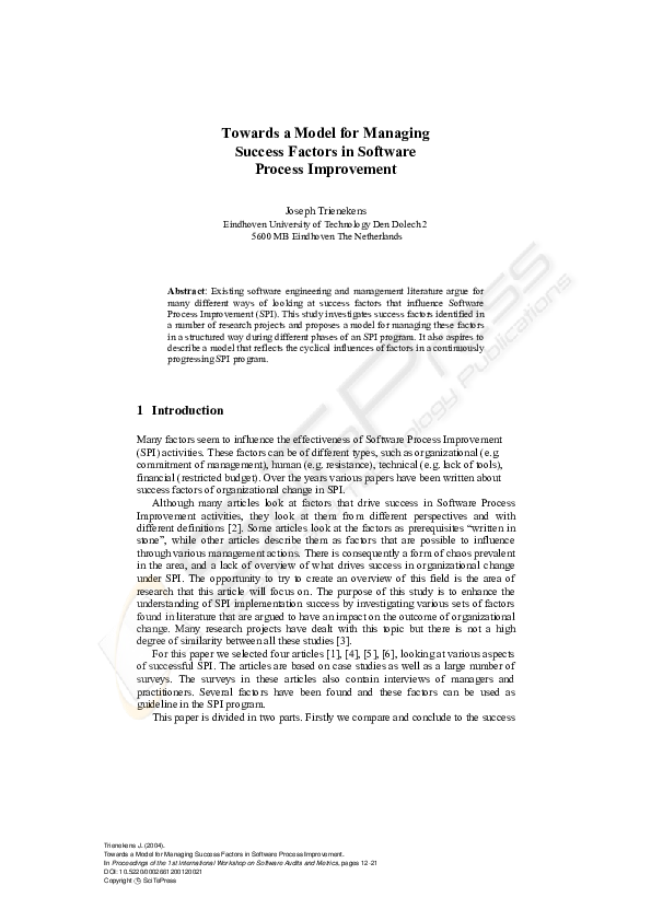 (PDF) Towards a Model for Managing Success Factors in Software Process ...