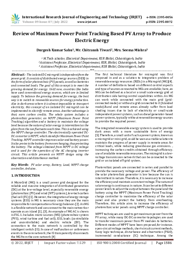 (PDF) Review of Maximum Power Point Tracking Based PV Array to Produce ...
