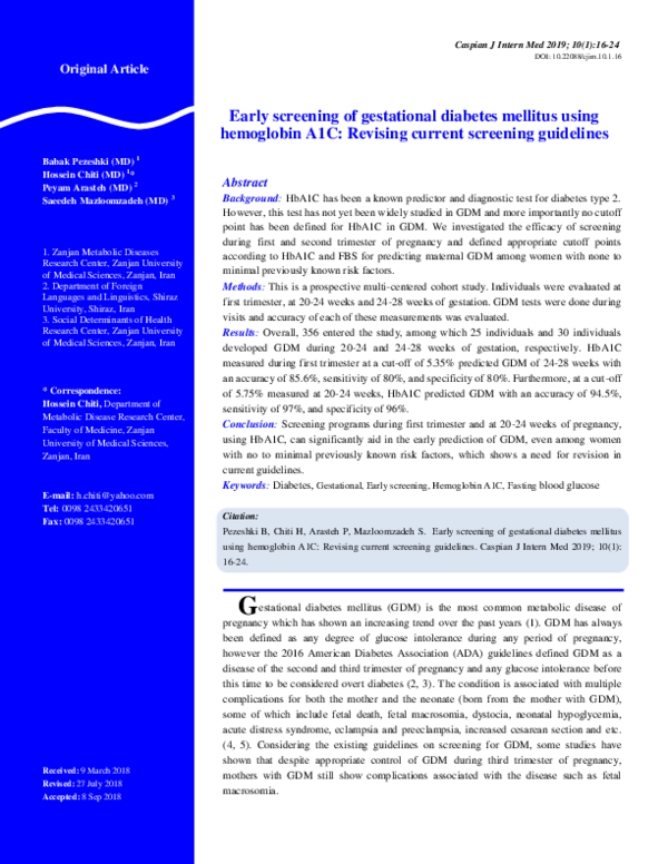 (PDF) Early screening of gestational diabetes mellitus using hemoglobin ...