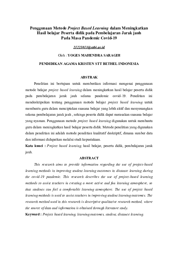 (DOC) Penggunaan Metode Project Based Learning dalam Meningkatkan Hasil ...