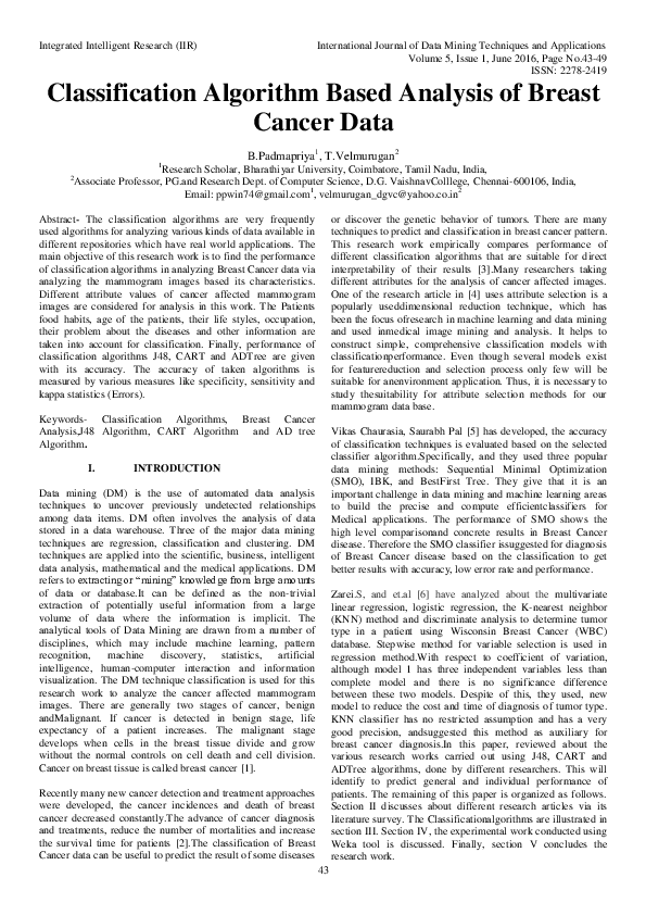 (PDF) Classification Algorithm based analysis of Breast cancer data