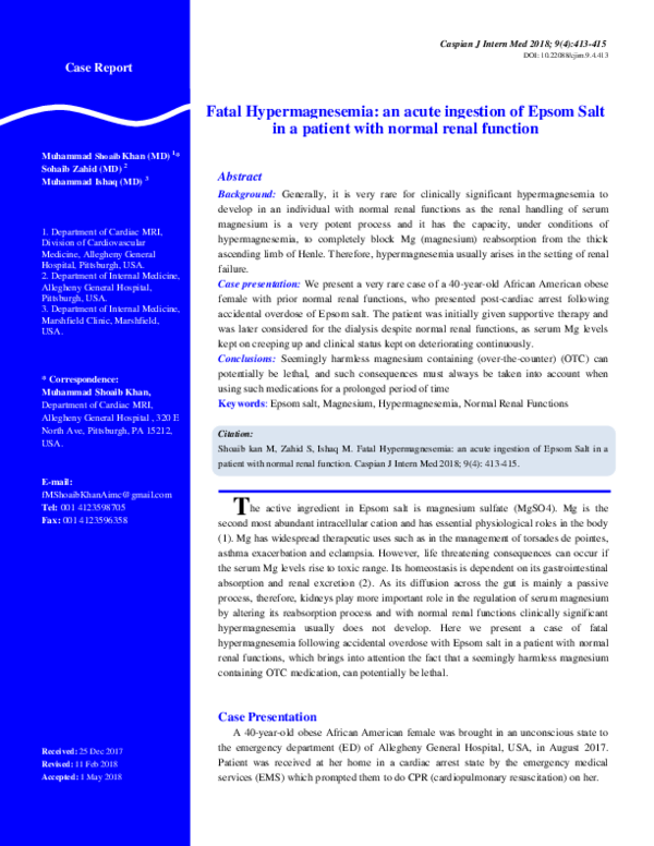(PDF) Fatal Hypermagnesemia an acute ingestion of Epsom Salt in a