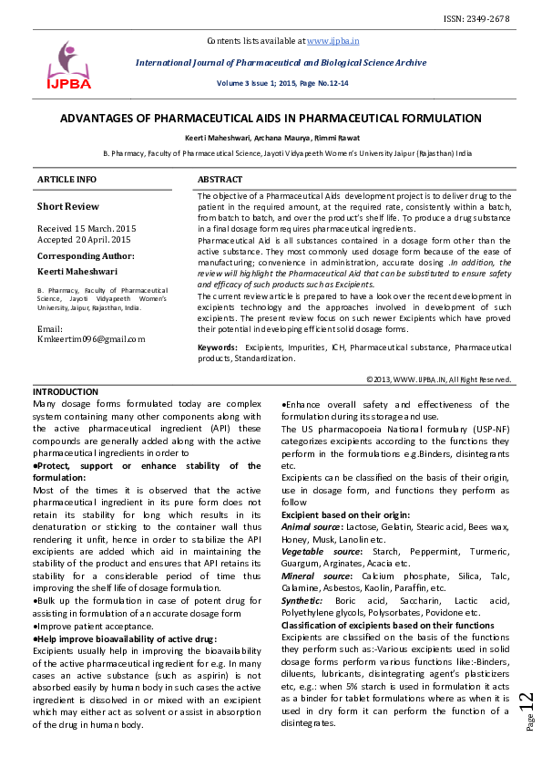 (PDF) Advantages of Pharmaceutical Aids in Pharmaceutical Formulation