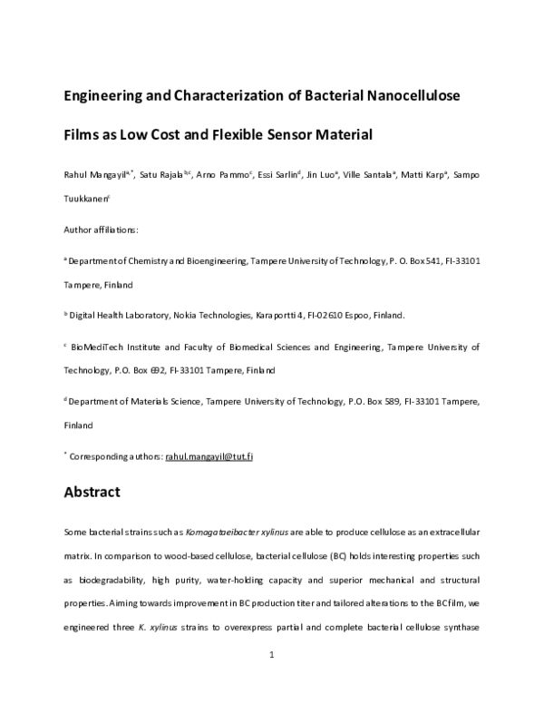 (PDF) Engineering and Characterization of Bacterial Nanocellulose Films ...
