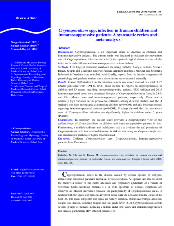 (PDF) Cryptosporidium spp. infection in Iranian children and ...