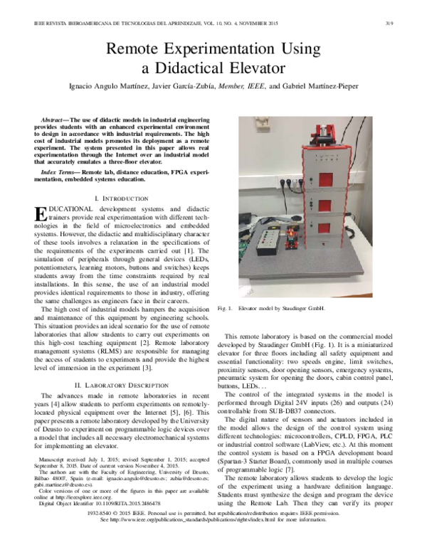 (PDF) Remote Experimentation Using a Didactical Elevator