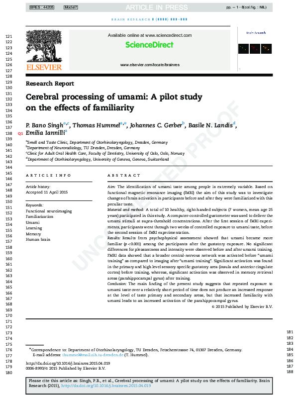 (PDF) Cerebral processing of umami: A pilot study on the effects of ...