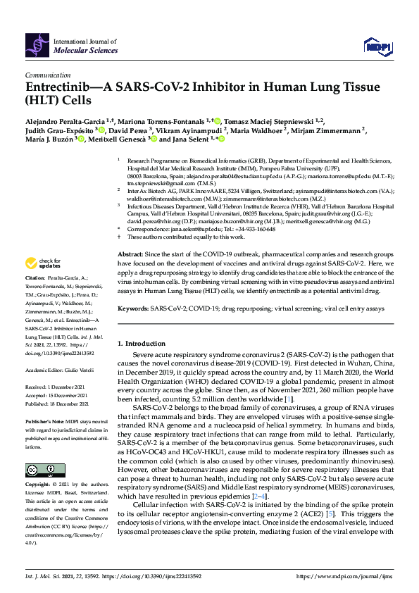(PDF) Entrectinib—A SARS-CoV-2 Inhibitor in Human Lung Tissue (HLT) Cells